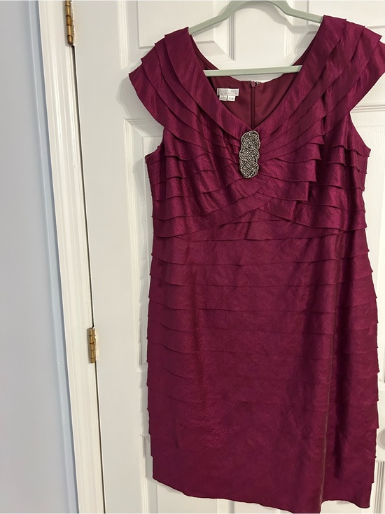 London Times Dresses & Skirts - London Times Wine/Purple Layered Sheath Dress with Decorative Brooch